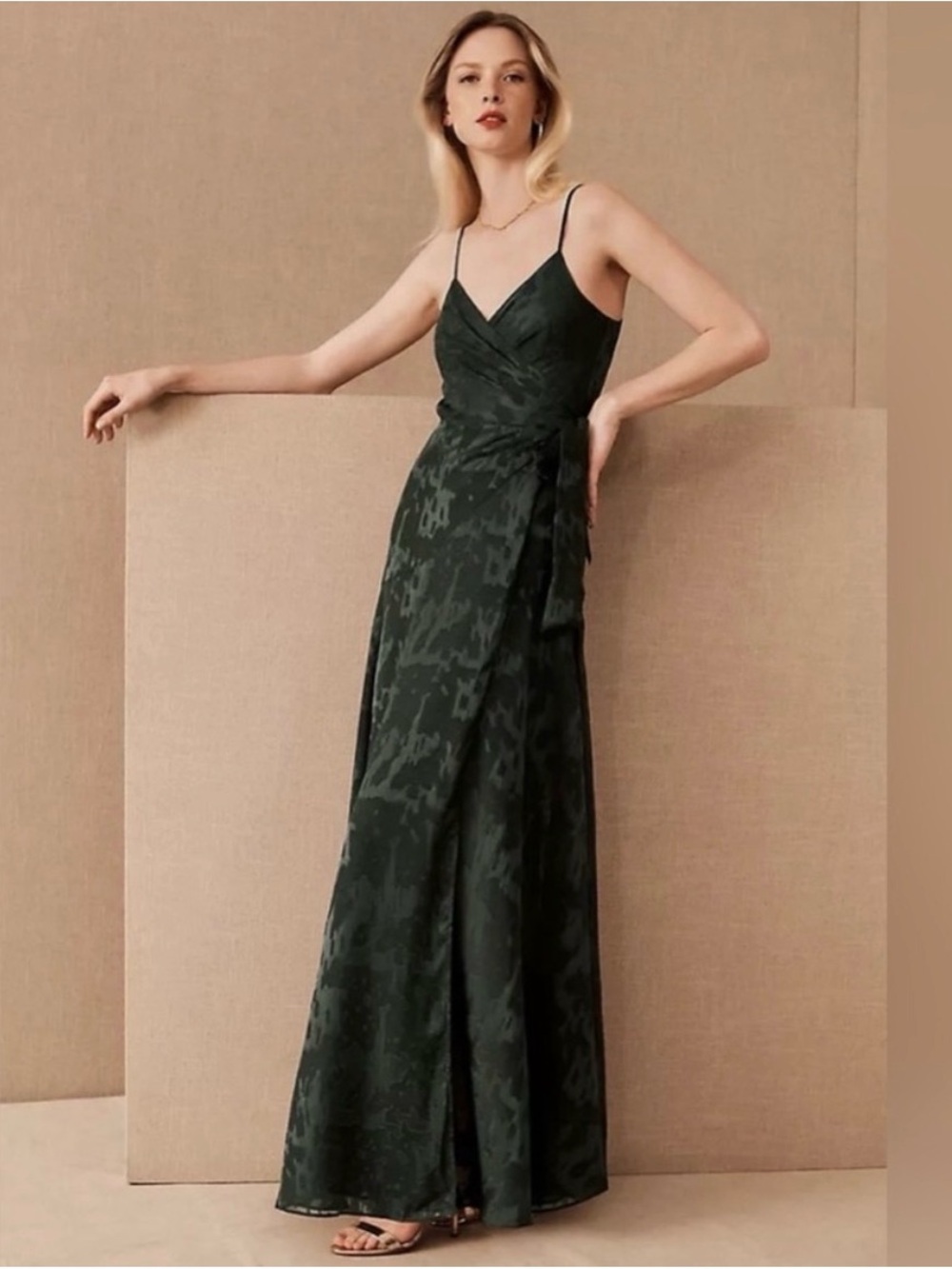 Anthropologie BHLDN Hutch Alden Forest Green Wrap Dress with Tie Waist